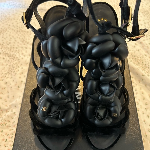 CHANEL Shoes - CHANEL Black Camellia-Embellished Strappy Heels